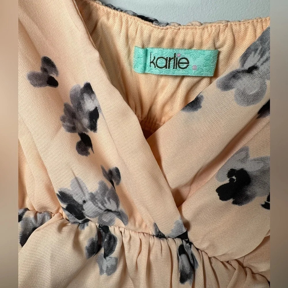 KARLIE Floral Peach V-neck Ruffle Dress SZ Large